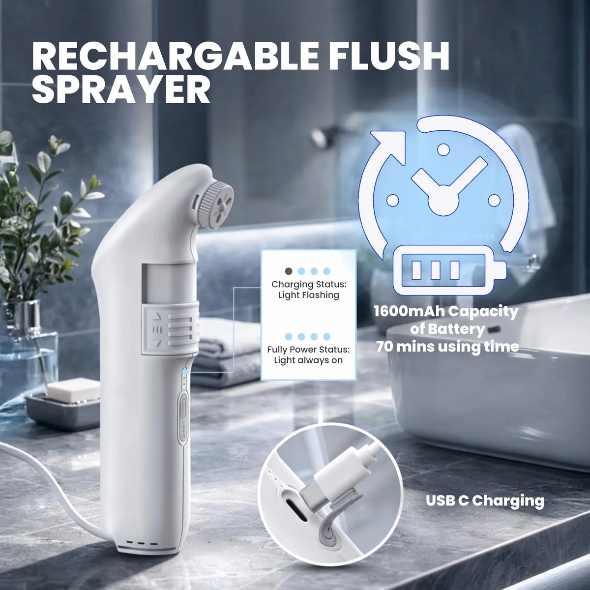 Rechargeable Flush Sprayer - 1600mAh Battery, 70 Mins Using Time, USB-C Charging