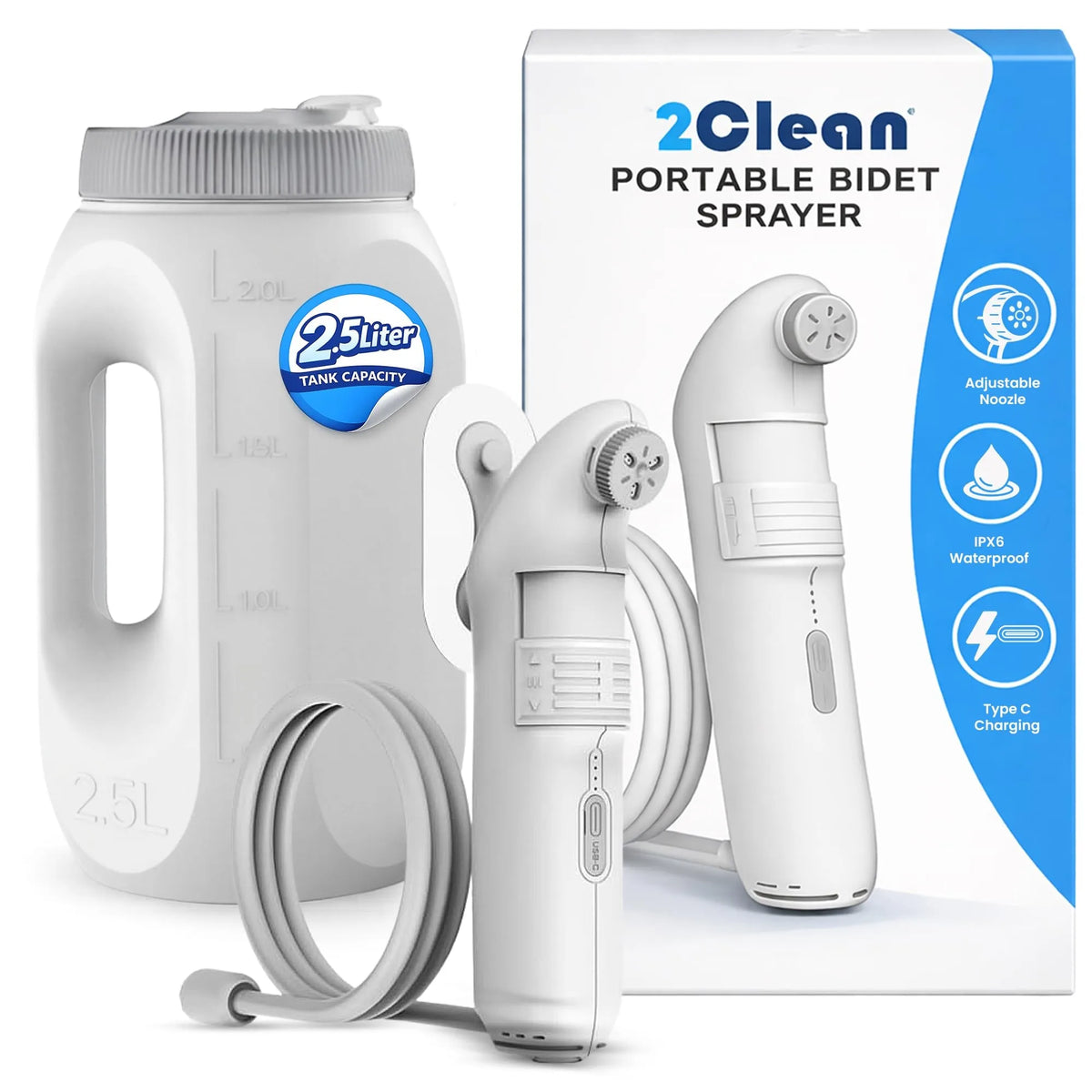 2Clean High-Pressure Portable Bidet Sprayer with 2.5L Water Tank and Packaging Box