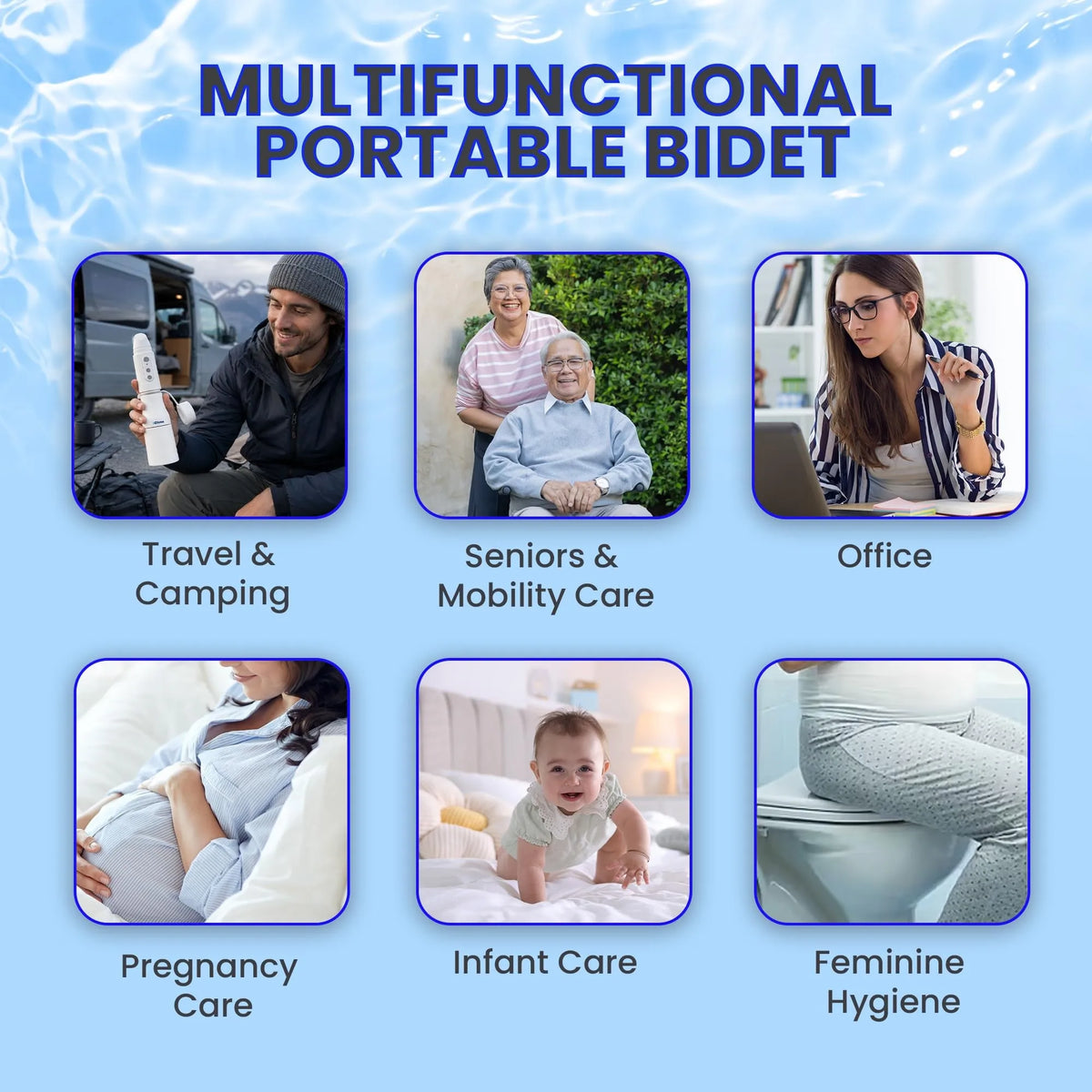 Multifunctional Portable Bidet Use Cases - Travel, Seniors, Office, Pregnancy, Infant, Feminine Hygiene
