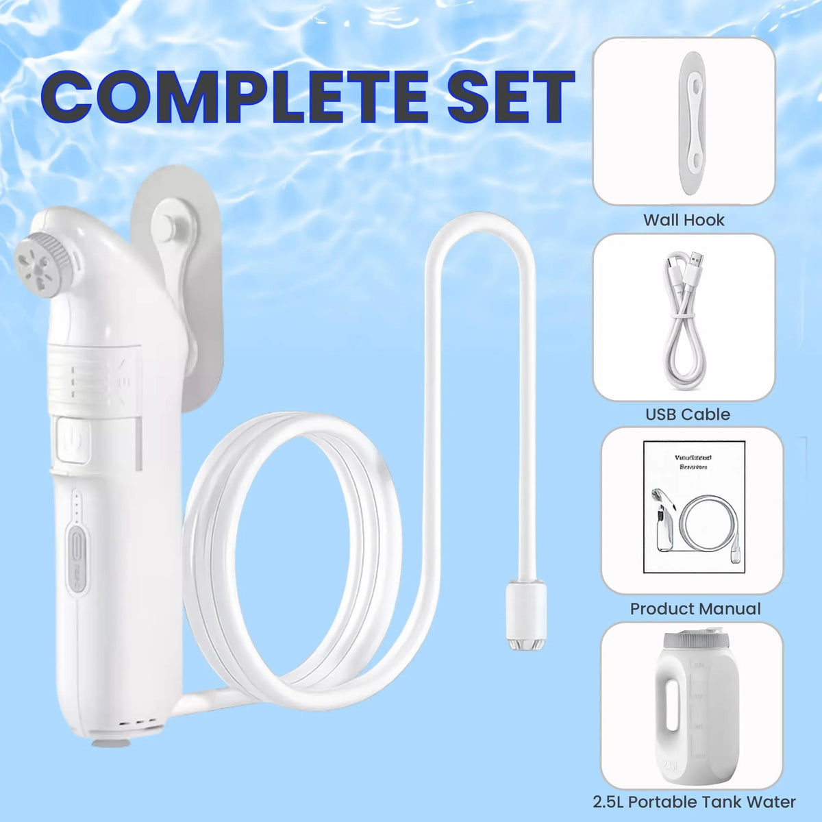 2Clean Complete Set with 2.5L Tank, 1.2M Hose, Wall Hook, USB Cable, and Manual