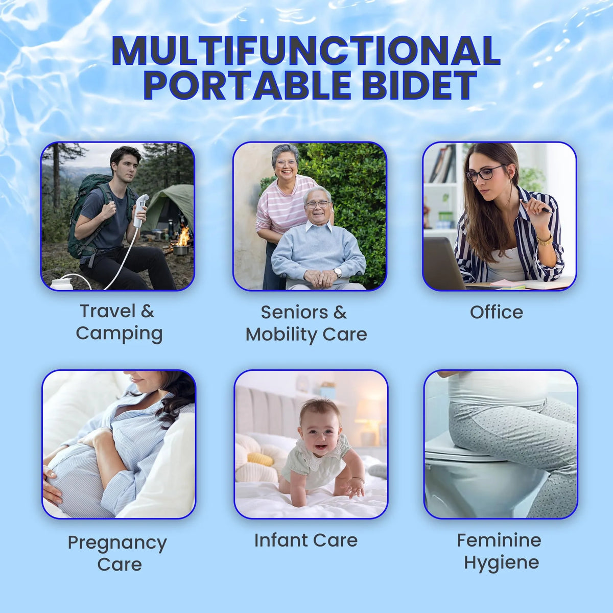 Multifunctional Portable Bidet Use Cases - Travel, Seniors, Office, Pregnancy, Infant, Feminine Hygiene